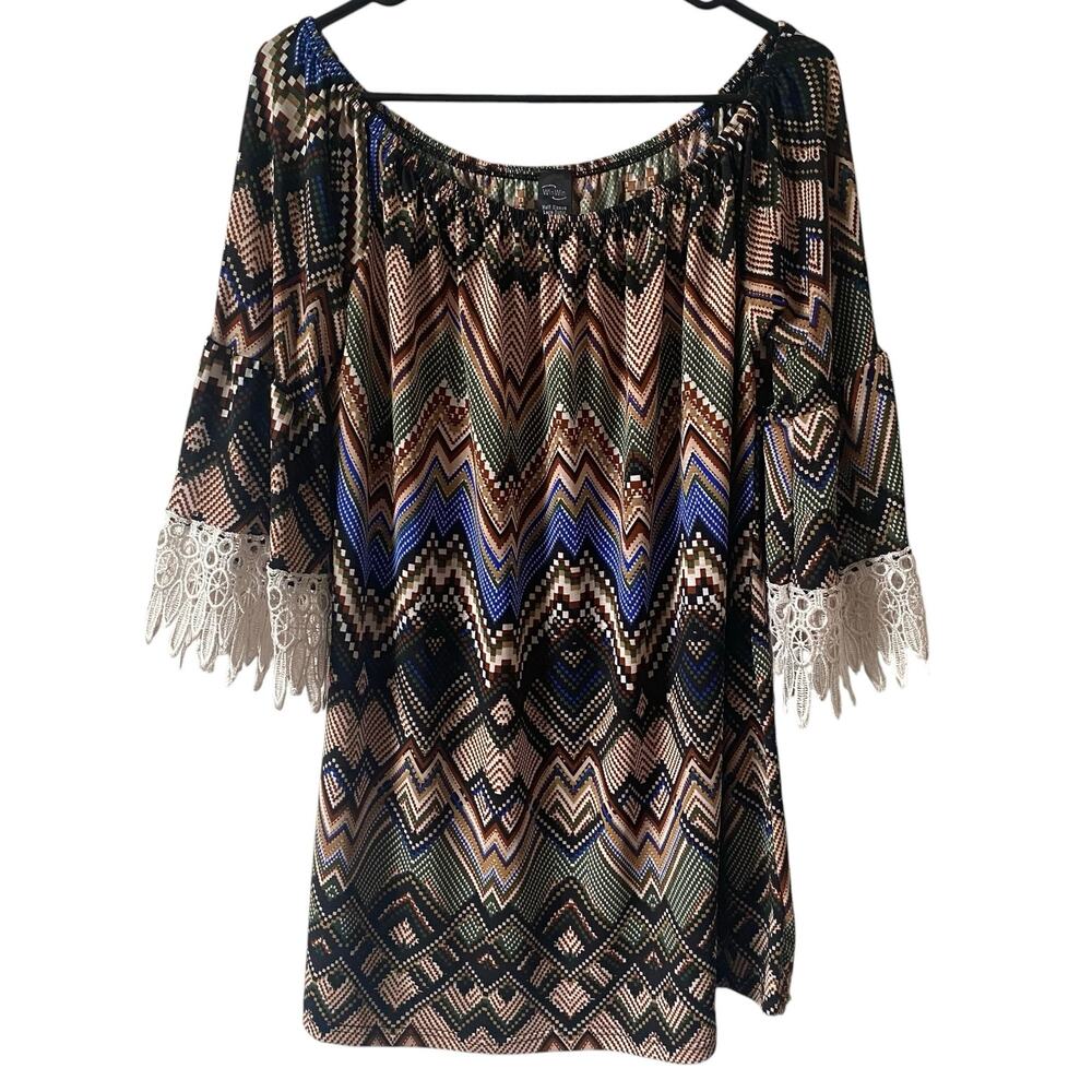WINWIN Chevron Print Half Sleeve Lace Tunic Size L/XL Multicolor Colorful